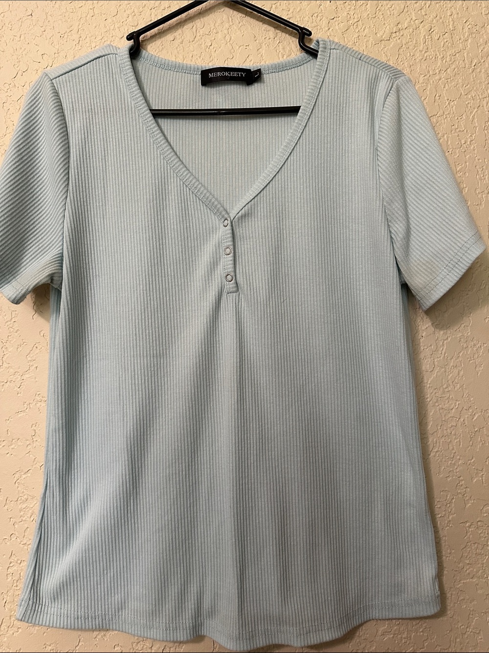 Merokeety Women's Light Blue Ribbed V-Neck Short Sleeve Top L